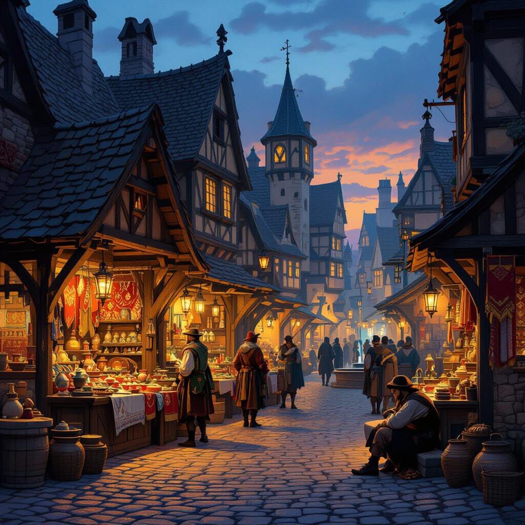 Medieval Marketplace at Dusk with Lanterns and Jesters