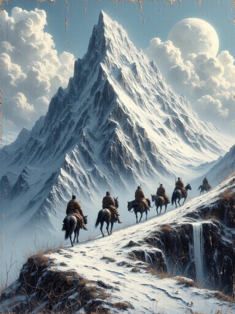 Giant Owl Watches Knights Ascend Snowy Mountain Path