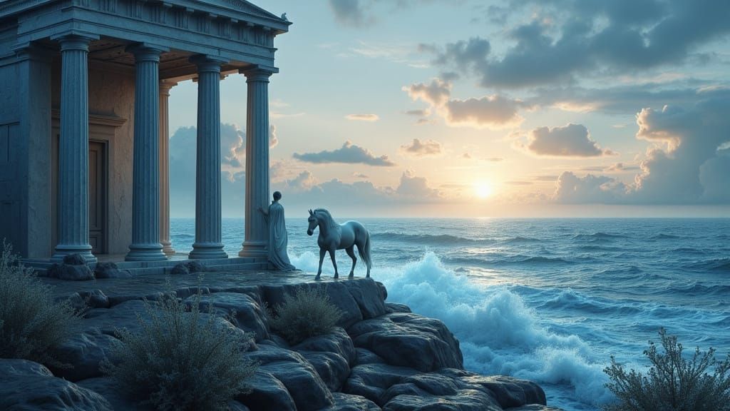 Divine Greek God Surveys Seascape in 3D Render