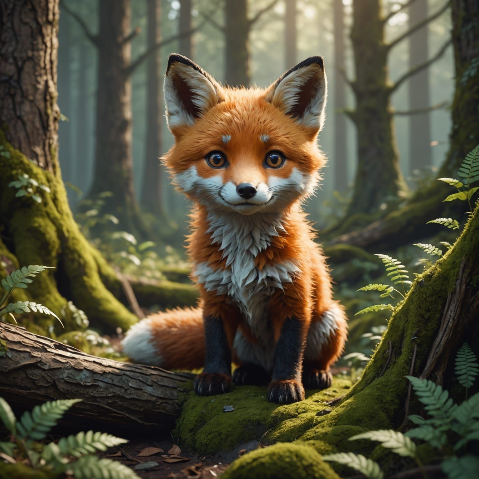 Cute Baby Fox in Forest: Fantasy Concept Art
