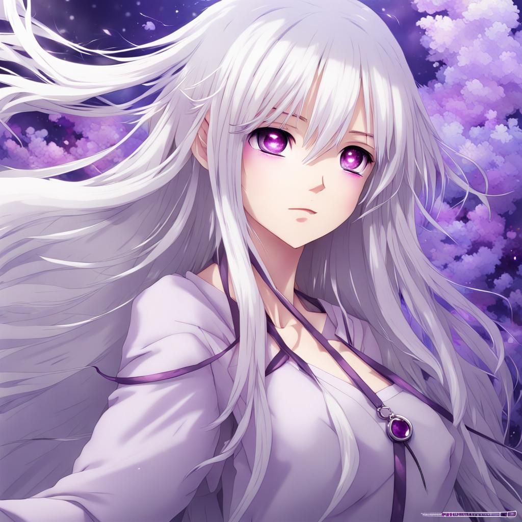 Anime Girl with Purple Eyes and Flowing Hair