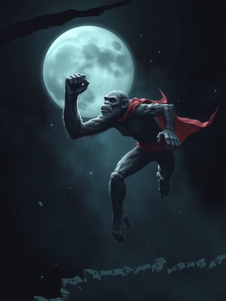 Dark Cyberpunk Monkey-Man Soars Through a Gritty Cityscape