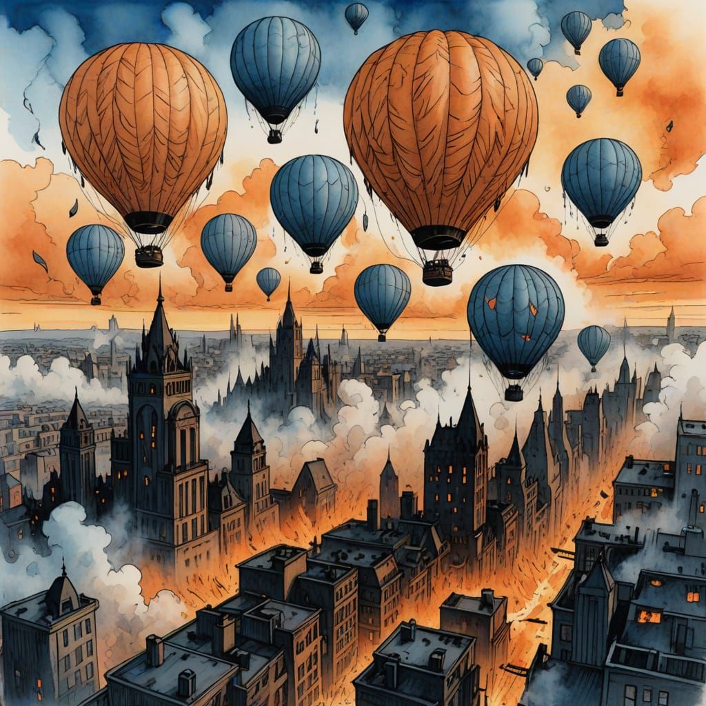 Burning City with Feather Balloons in Watercolor