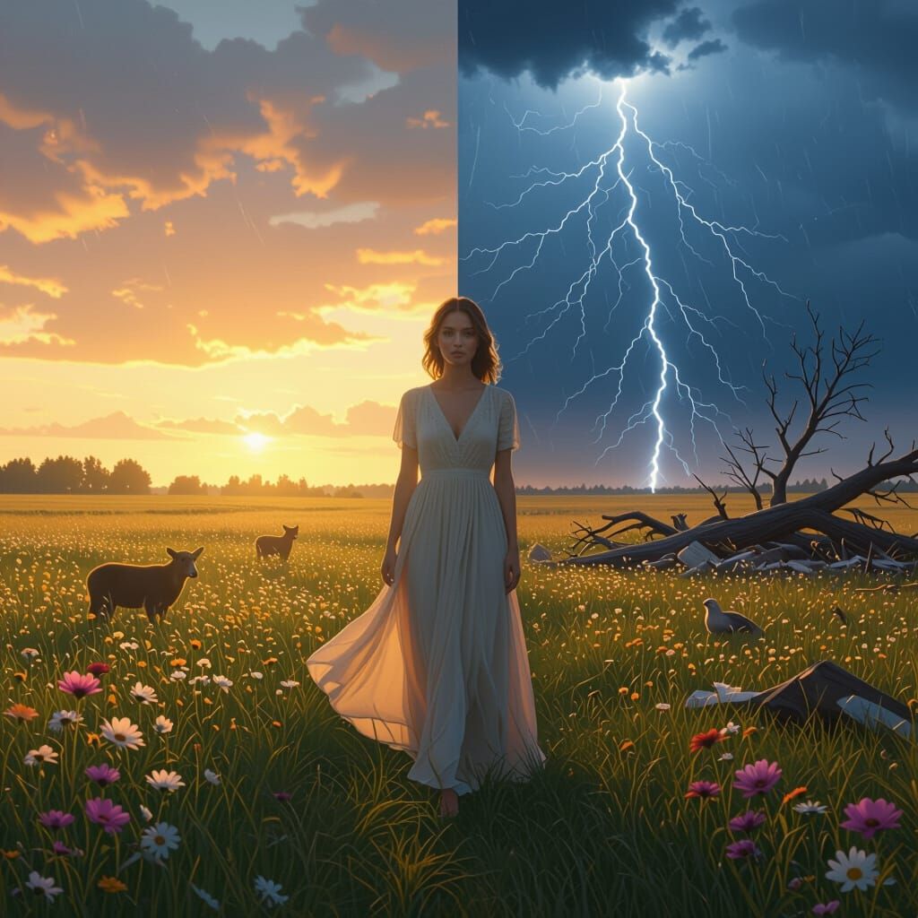 Contrasting Visions: Serene Woman in Divided Meadow