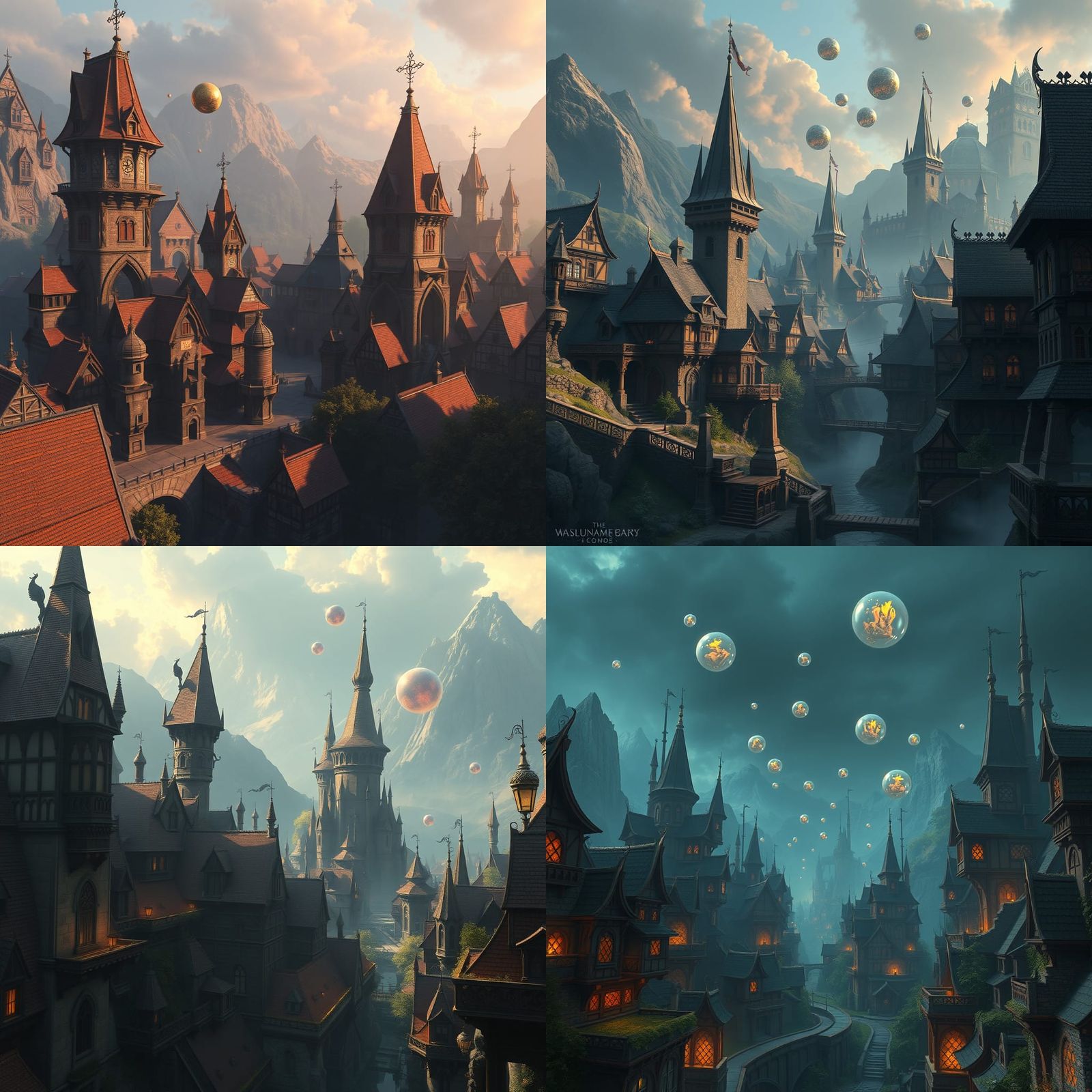 Fantasy Medieval Town with Floating Orbs