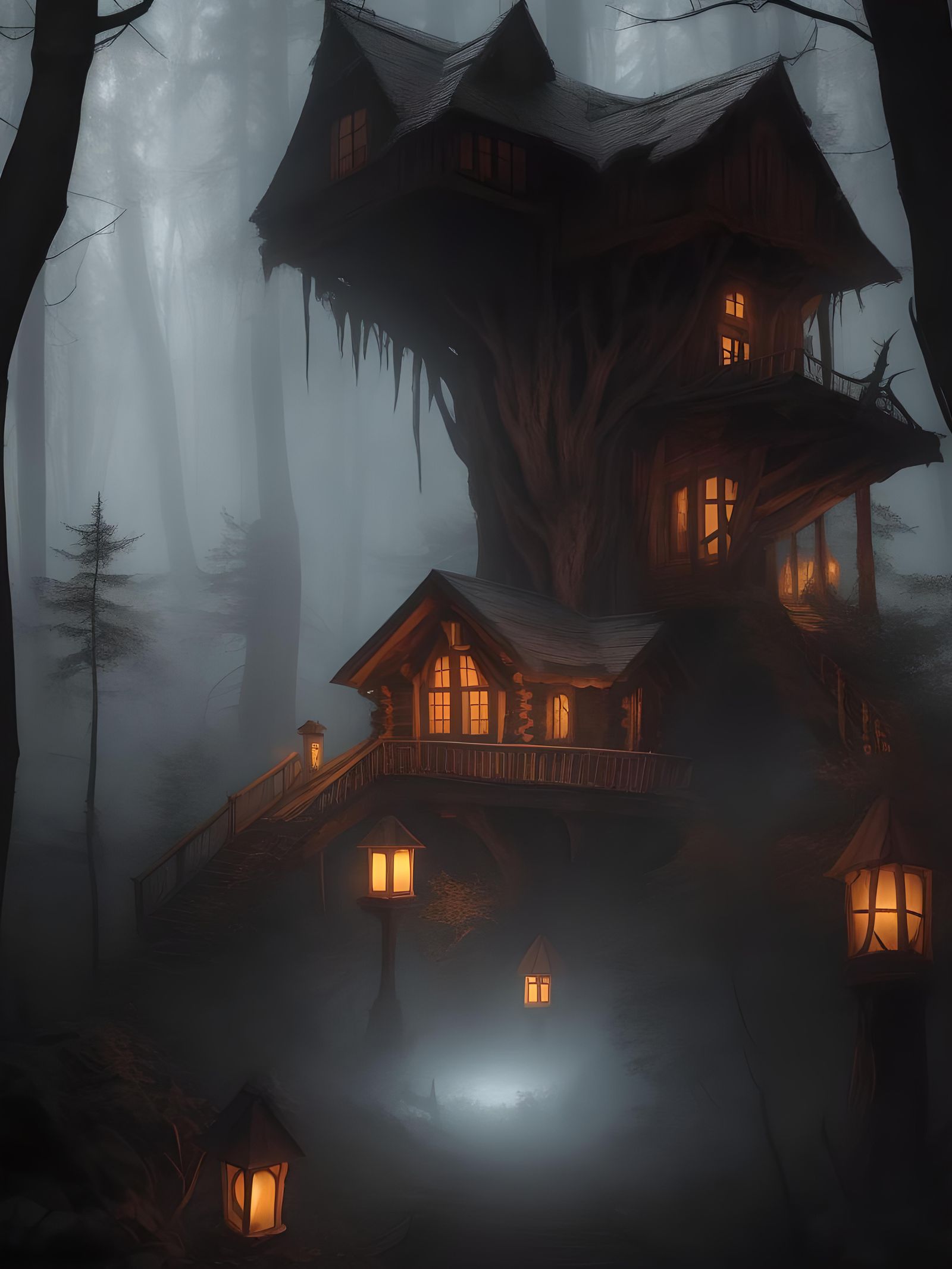 Eerie Cabin in Twisted Woods: Dark Fantasy Op-Art
