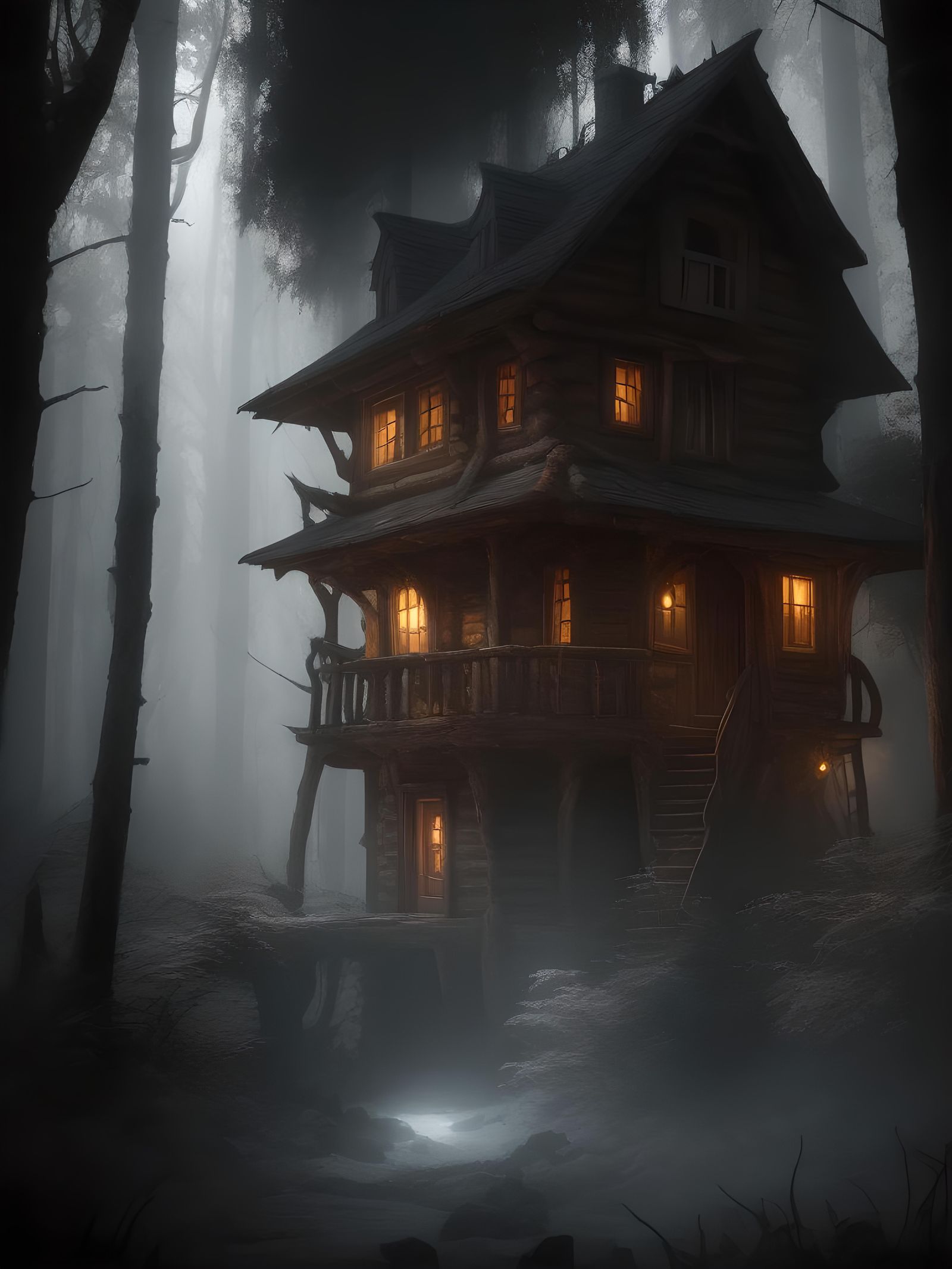 Eerie Cabin in Twisted Woods: Dark Fantasy Art