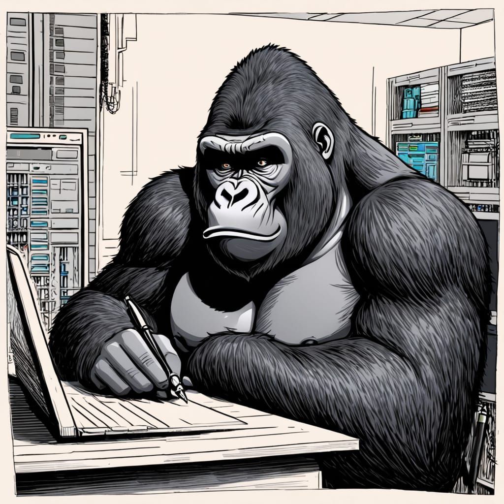 Gorilla in Server Room: Handdrawn Ink Cartoon Sketch