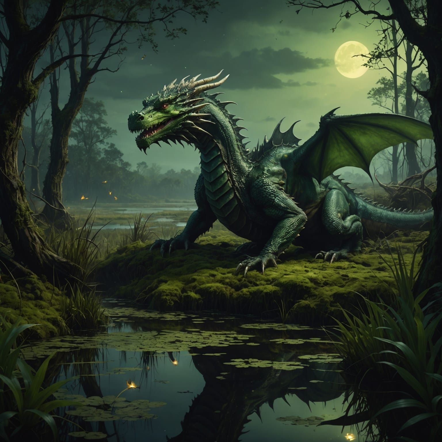 Epic Green Dragon in Dark Forest Landscape