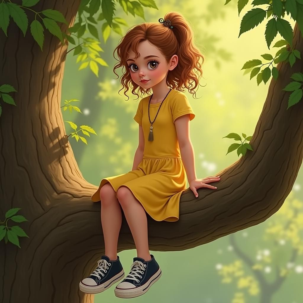 Girl in Sundress on Branch, Whimsical Digital Art