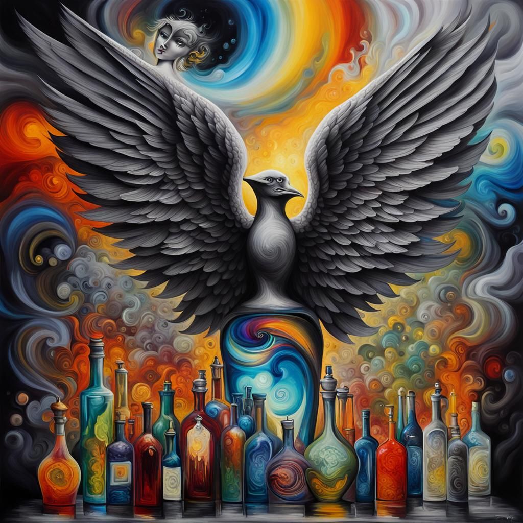 Winged Bartender in Dreamscape, Picasso Style Composition