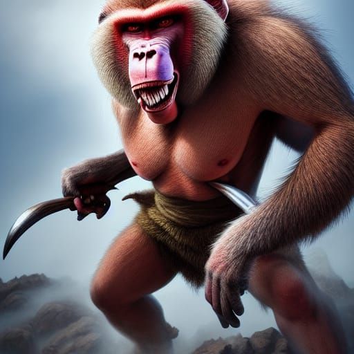 Baboon Juggernaut Portrait in Hyperrealism Style