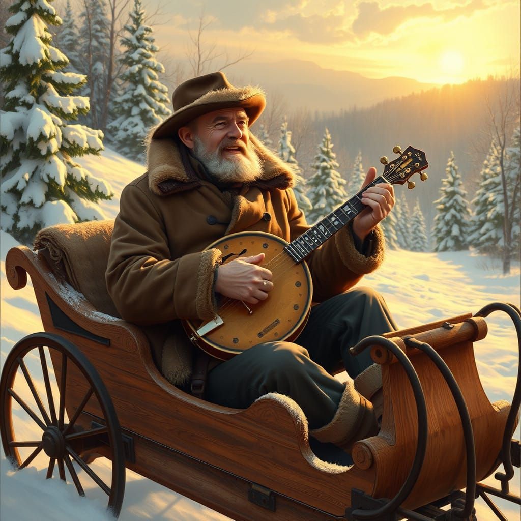 Man in Open Sleigh Plays Vintage Banjo in Winter Wonder