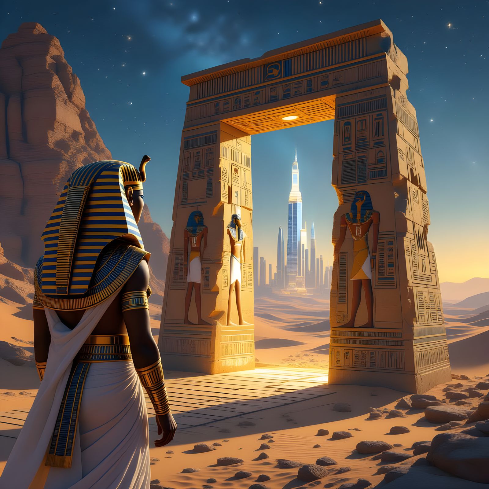 Egyptian Pharaoh Observes Futuristic Cityscape