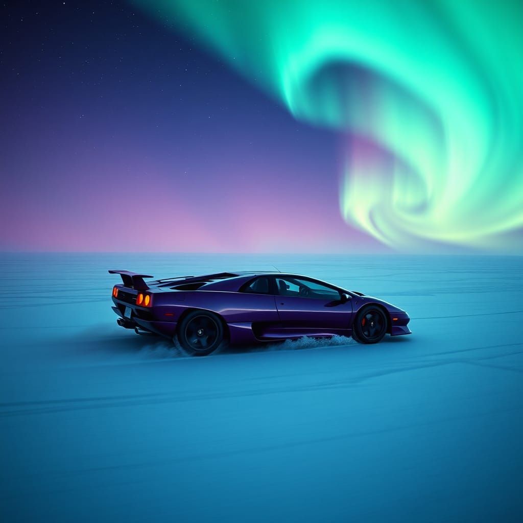 Lamborghini Diablo Jota on Ice Under Aurora Borealis