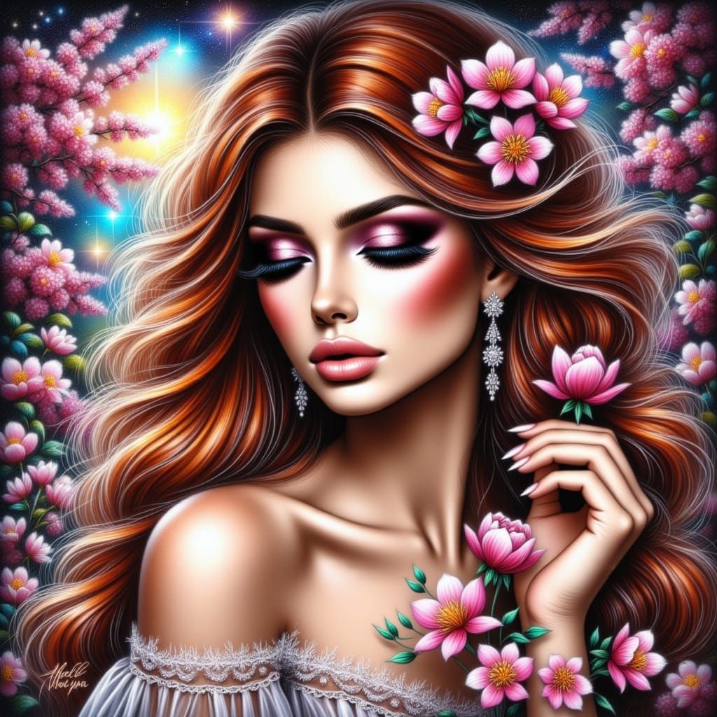 Surreal Boho Goddess Amidst Cherry Blossoms and Stardust
