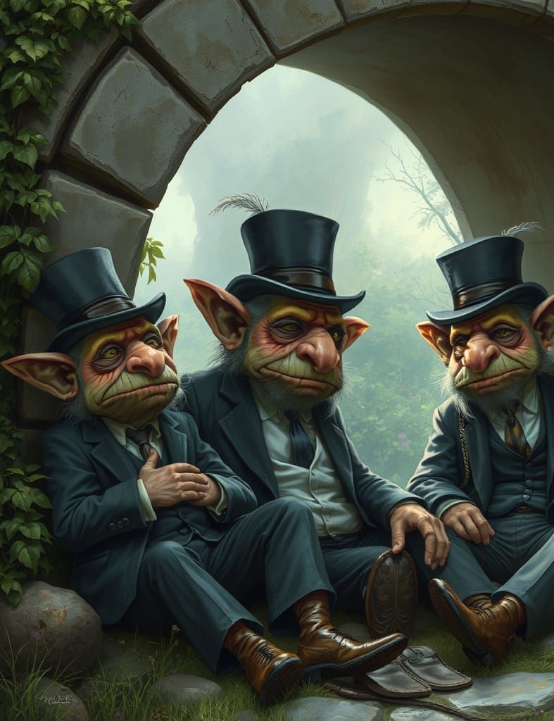 Intelligent Trolls Contemplating Universe Under Stone Bridge