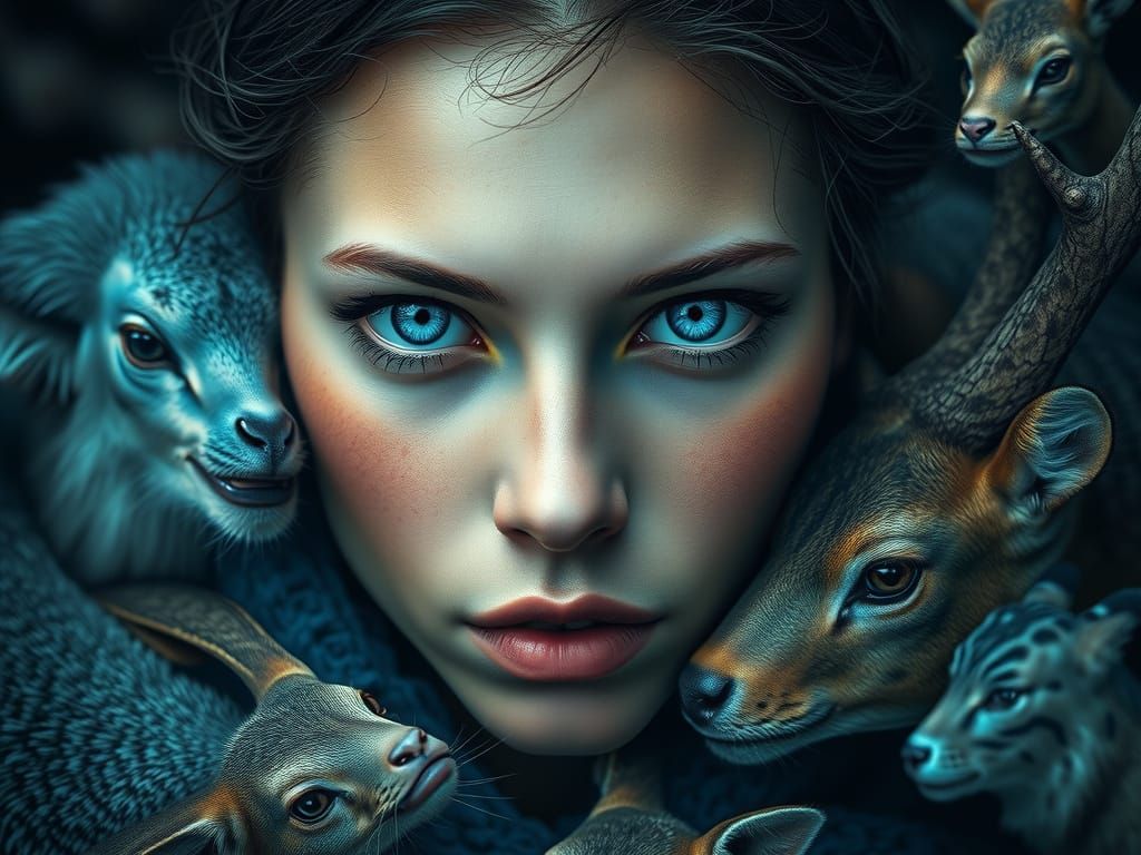 Woman With Wildlife Animals In Electric Blue And Pale Green