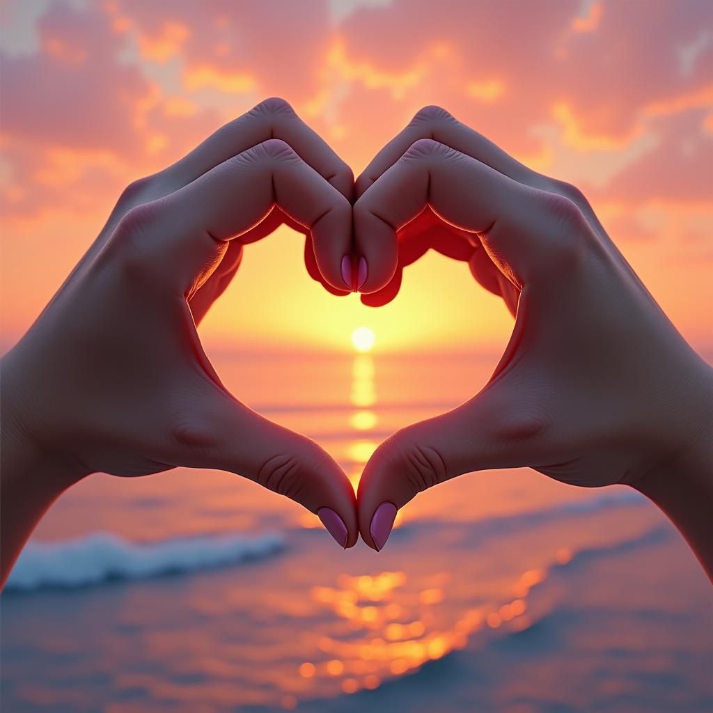 Hands Create Heart Shape During Ocean Sunset