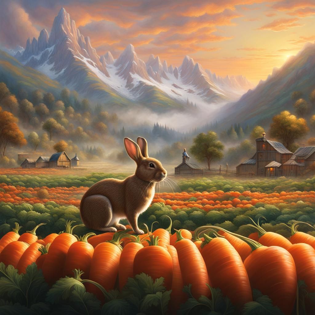 Rabbit in Carrot Field: Ethereal Fantasy Art