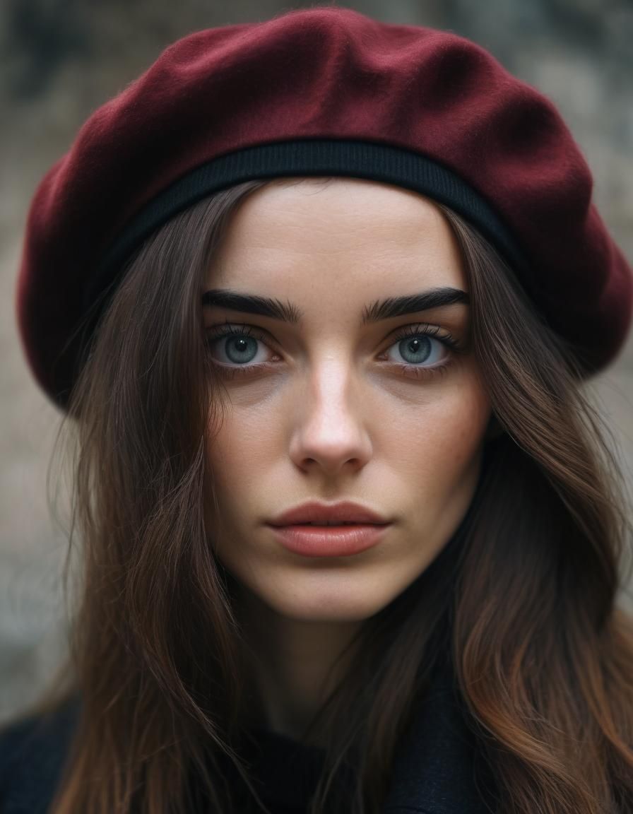 French Girl with Beret, Sad Eyes, Realistic Photo