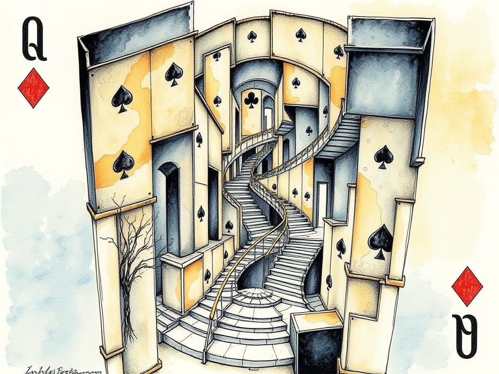 Surrealist Staircase Maze in Watercolor and Alcohol Ink