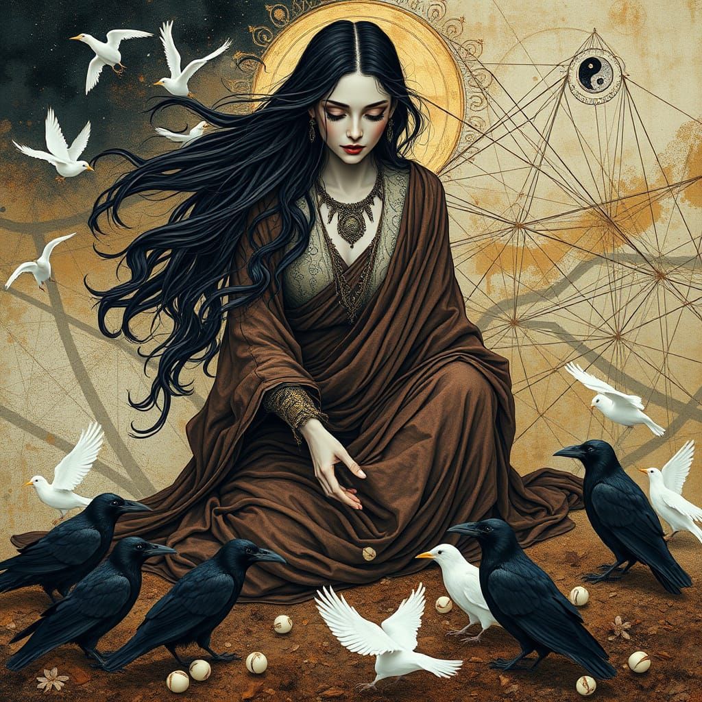 Ethereal Woman Amidst Crows and Shards, Embodies Fortitude a...