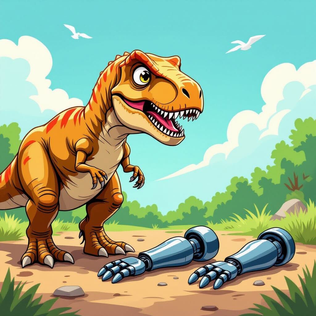 T-Rex Examines Prosthetic Arms in Whimsical Cartoon Style