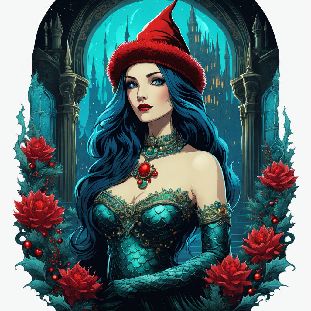 Gothic Mermaid in Vintage Seaside Castle Christmas Fantasy