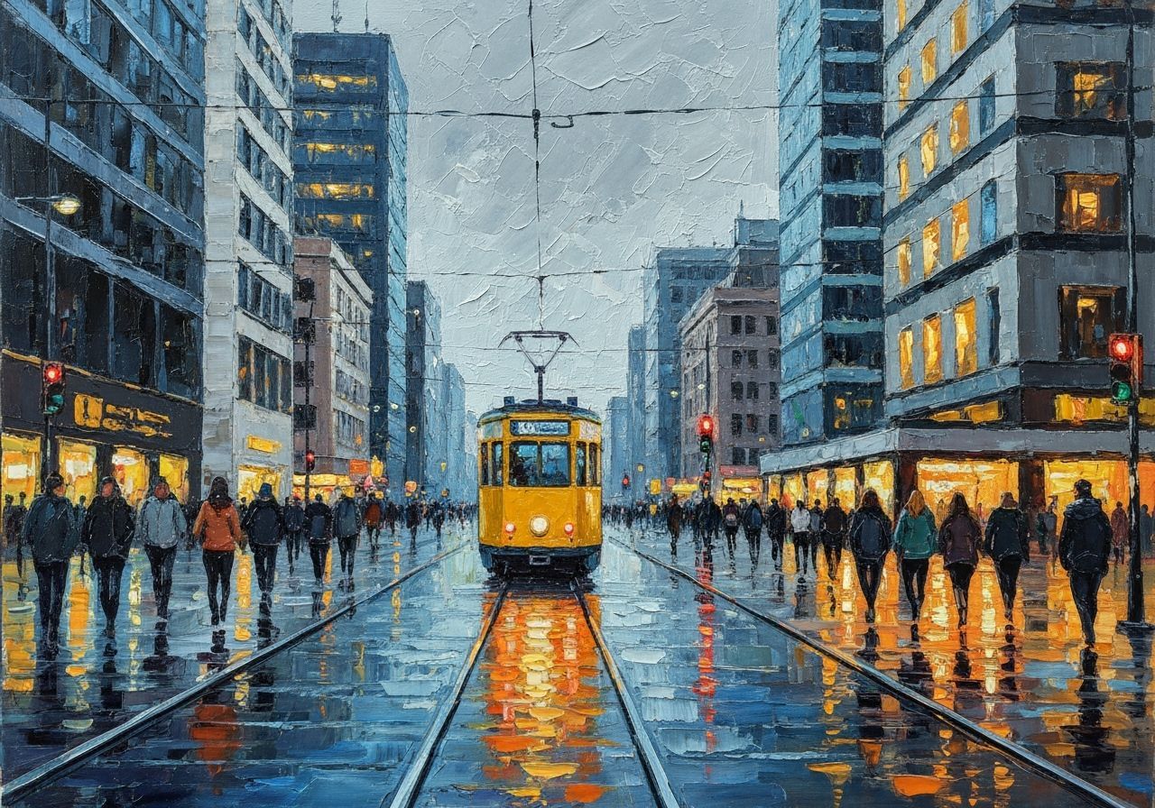 Impressionist City Street at Dusk with Yellow Tram