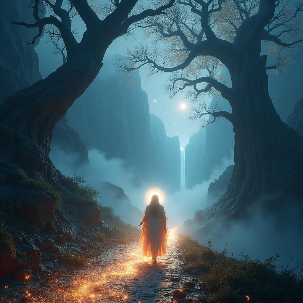 Ethereal Stardust Trail Through Ancient Forest