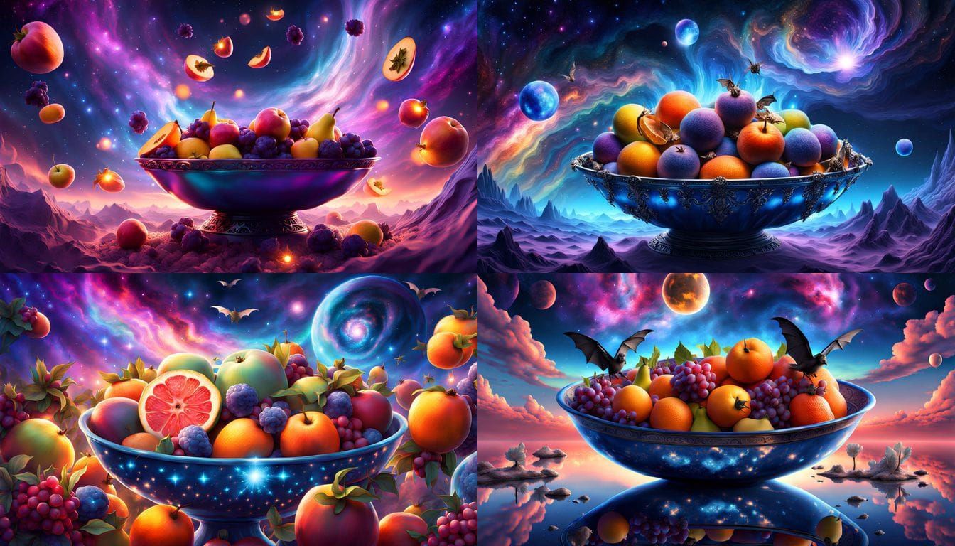 Surreal Fruit Bowl Radiates Celestial Harmony