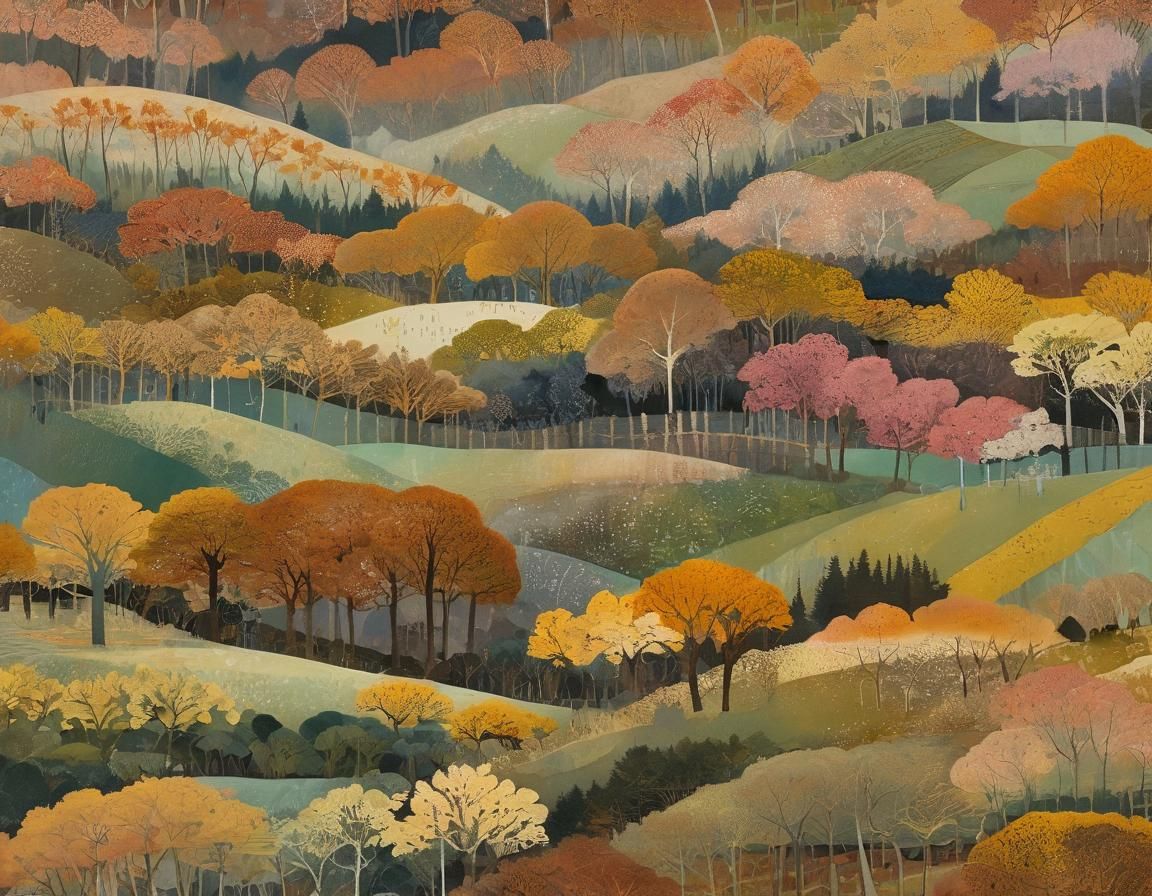 Autumn Landscape in Evening Light as Mixed Media Collage