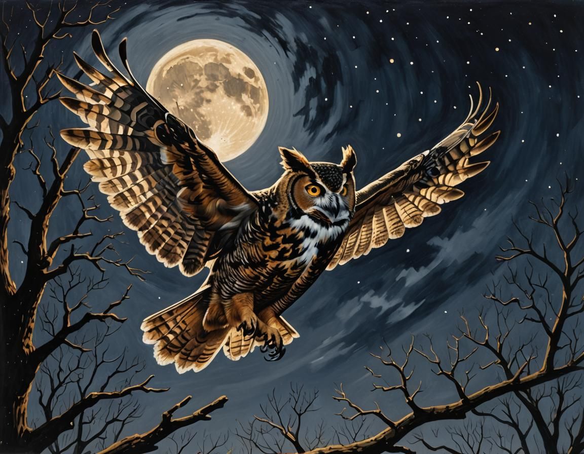 An oil painting of a great horned owl flying at night silhouetted against the night sky during a full moon, painted by J...