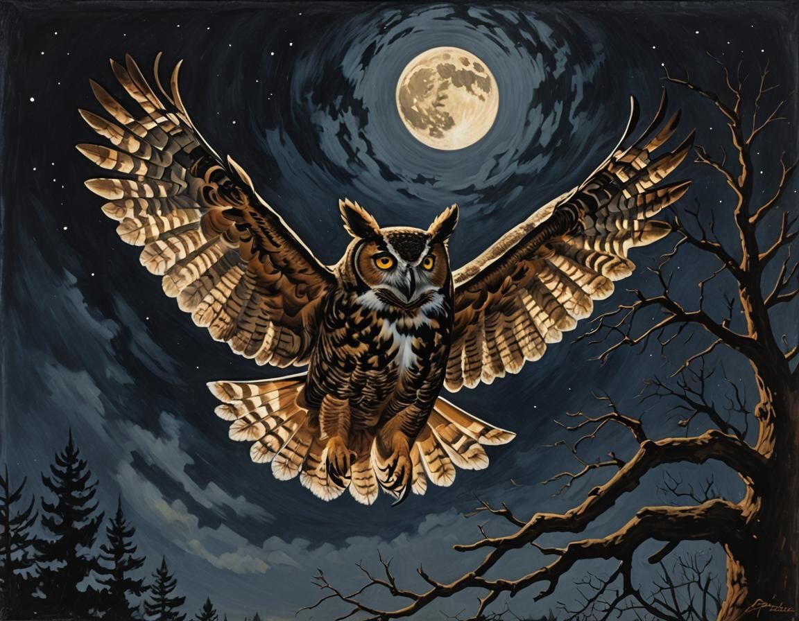 An oil painting of a great horned owl flying at night silhouetted against the night sky during a full moon, painted by J...