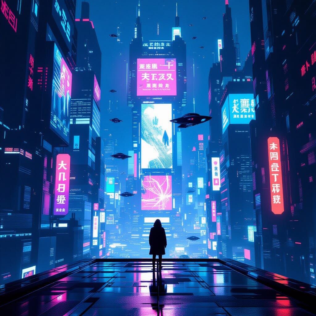 Cyberpunk Cityscape at Night with Lone Figure
