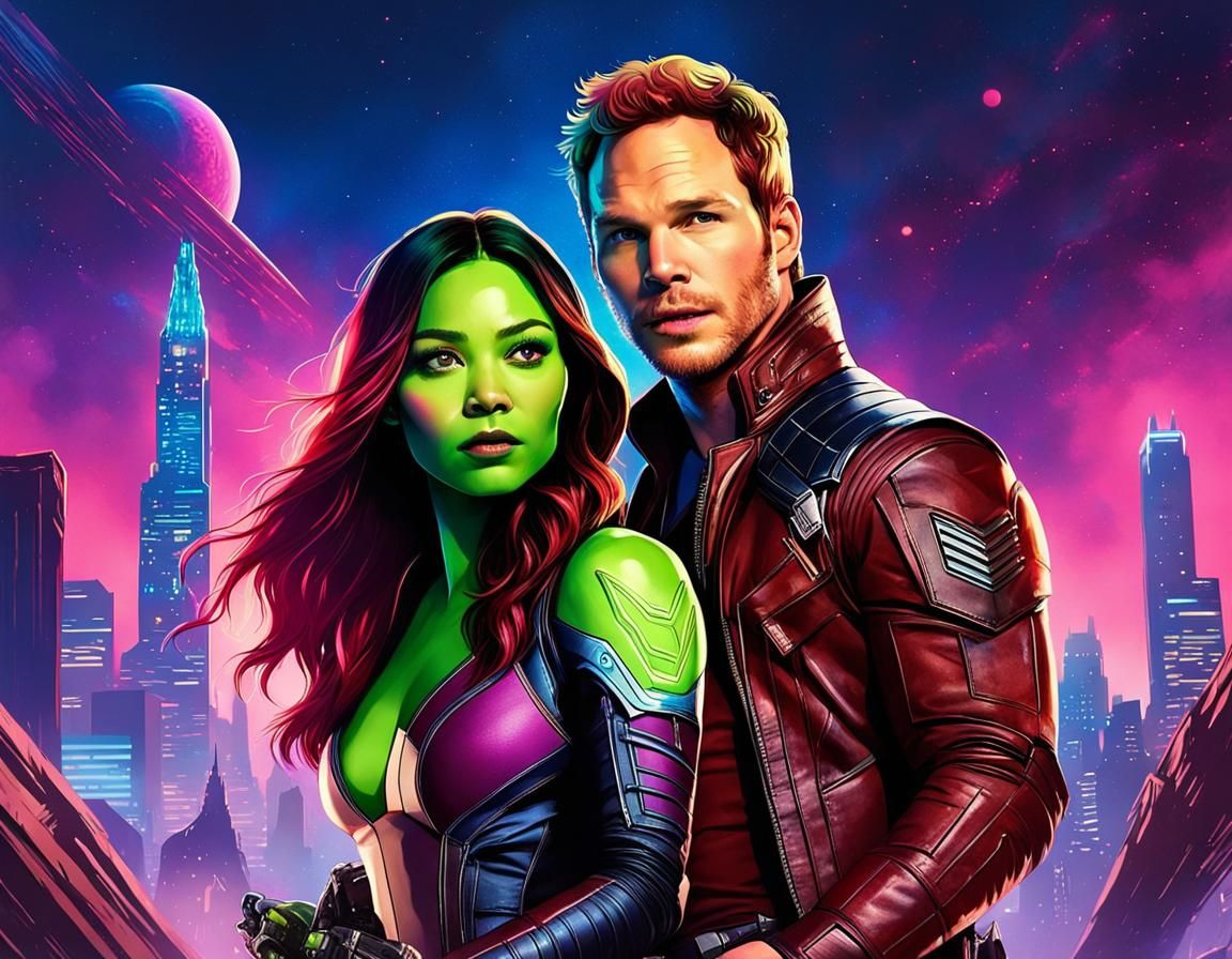 Gamora and Star-Lord in Extraterrestrial Neon City
