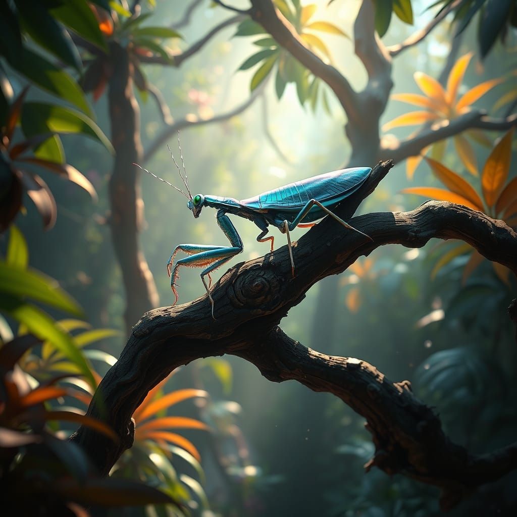 Bioluminescent Mantis in Iridescent Armor, Hyperrealistic Di...