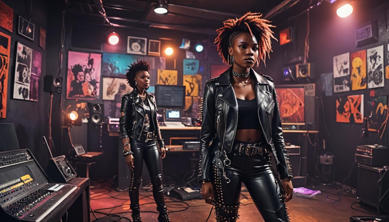 Black Woman in Edgy Fashion in Neon Lit Studio