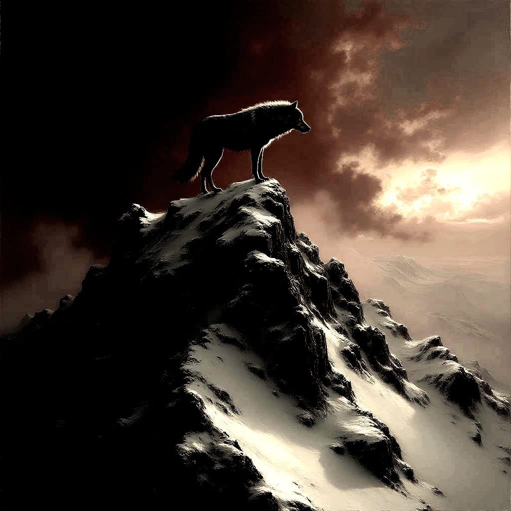 Lone Wolf Silhouette on Stormy Peak: Dark Fantasy Oil Painti...