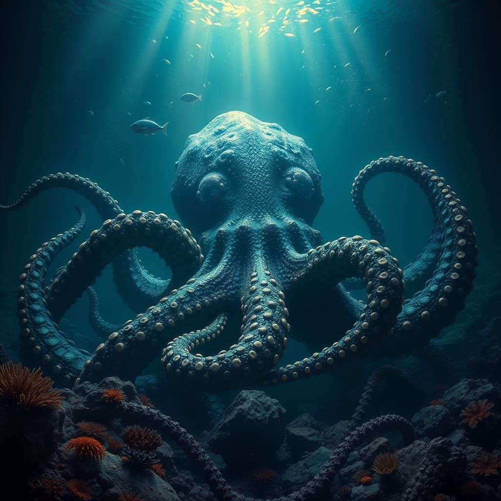 Hyperrealistic Kraken Slumbers on the Ocean Floor