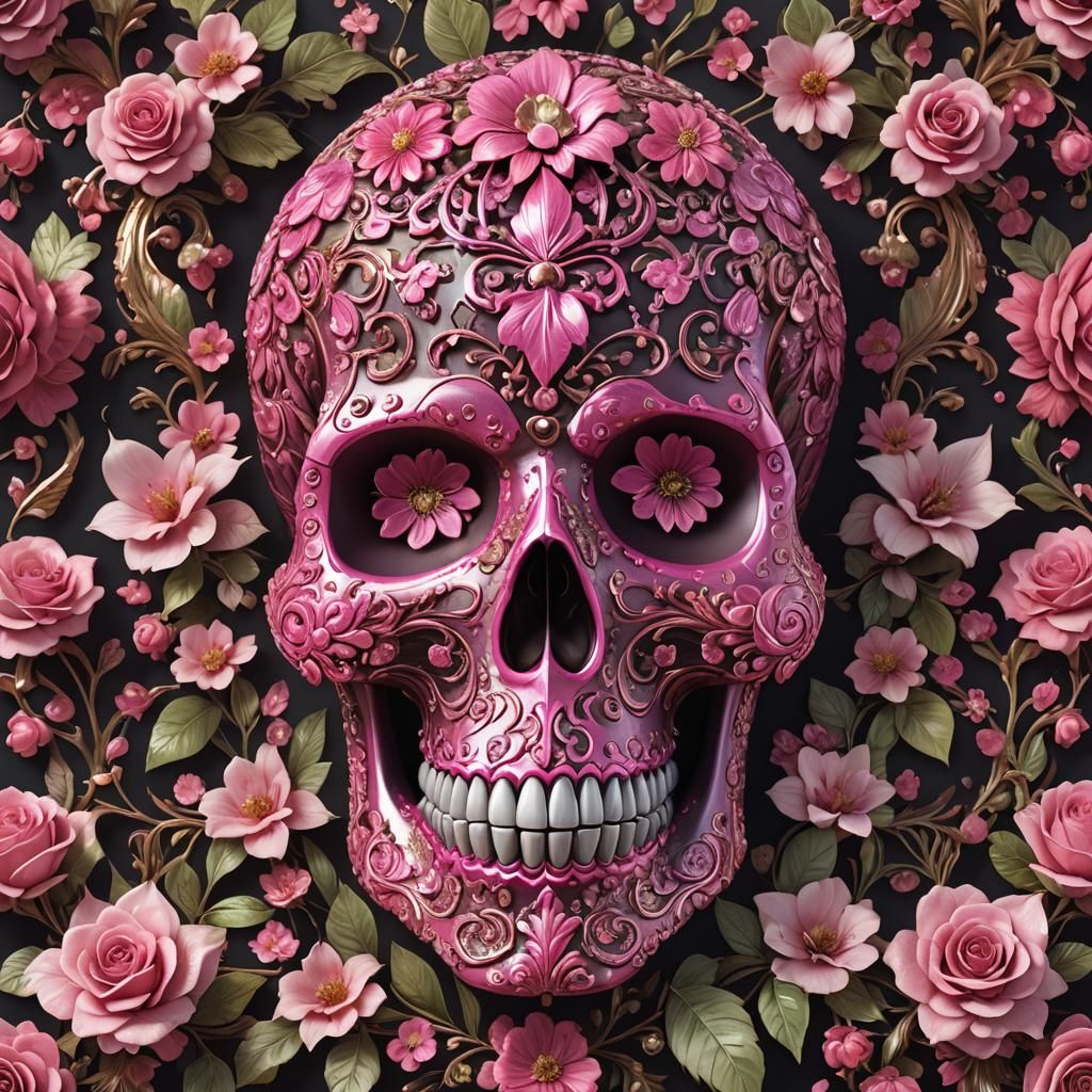 Ornate Pink Crystal Sugar Skull in Rococo Style