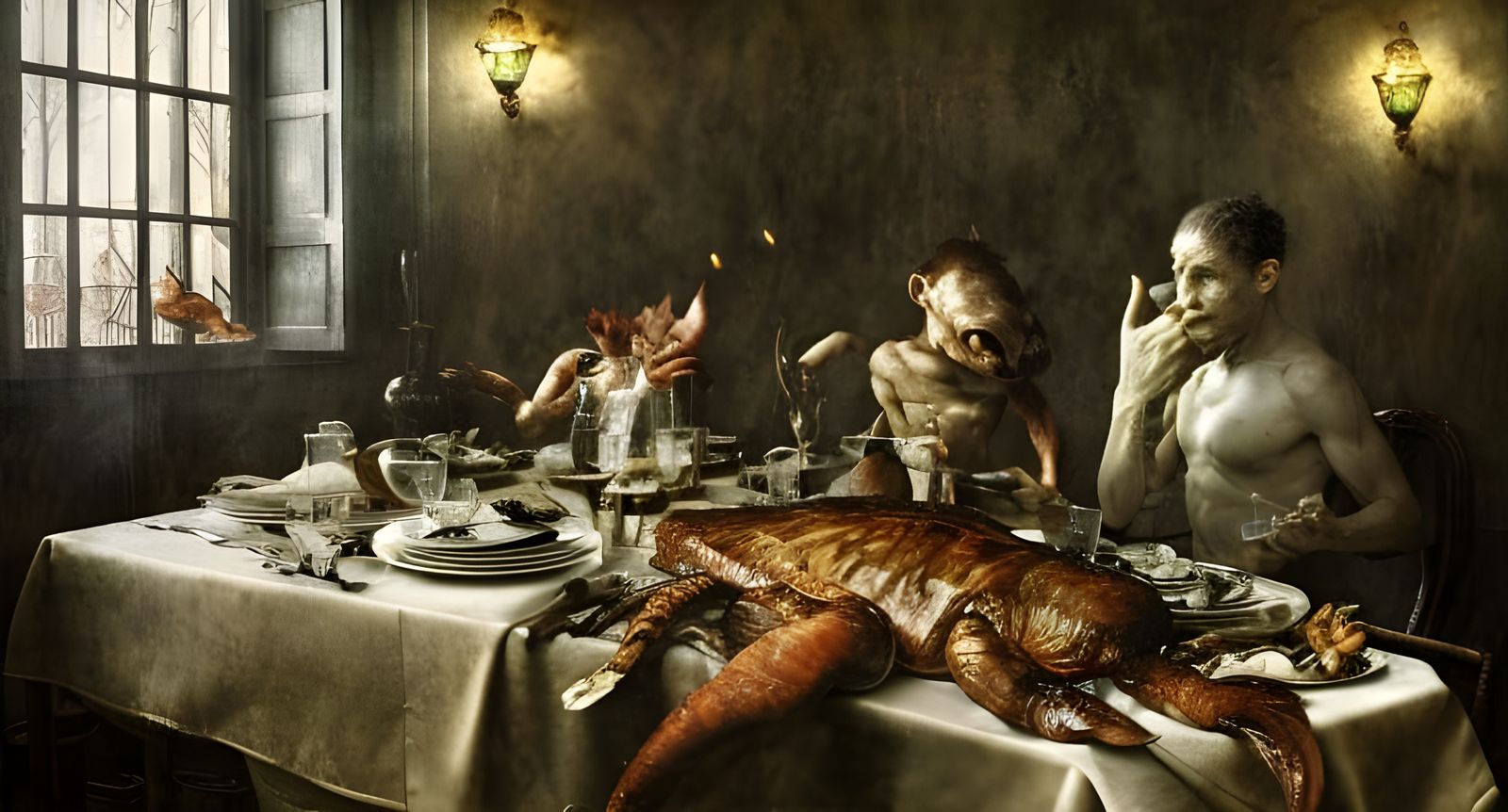 Ornate Hyperreal Waiter Serving Dinner