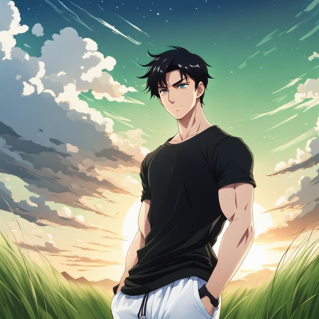 Anime Portrait of Muscular Man in Tranquil Setting