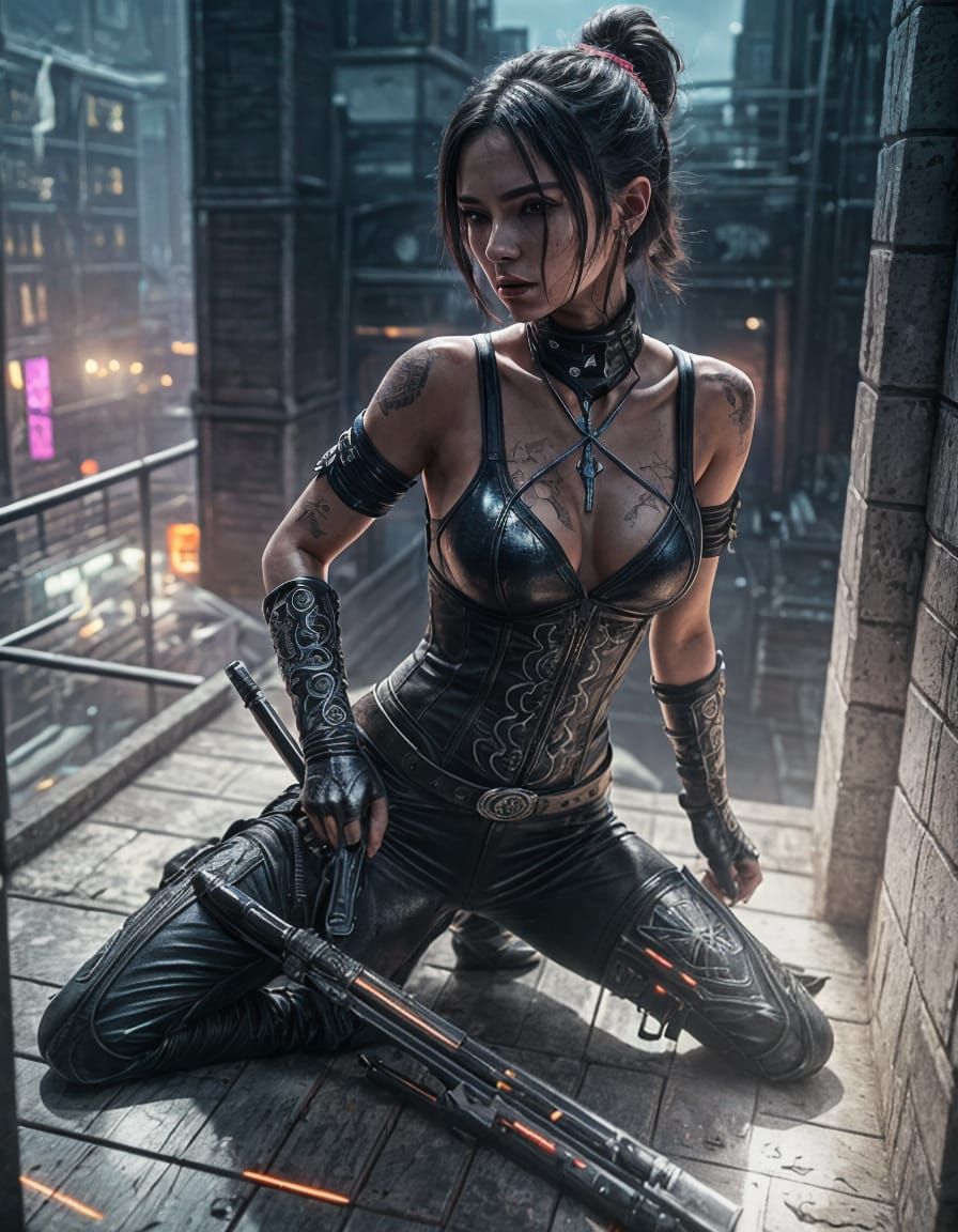 Beautiful Assassin with Neon Outlines in 8k