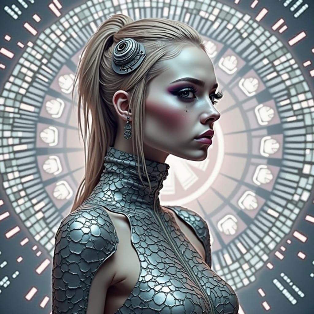 Cyborg Woman in Gothic Lace, Neon Background