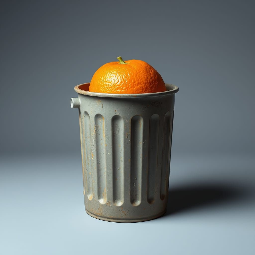 Hyperrealistic Trash Can with Orange Toupee