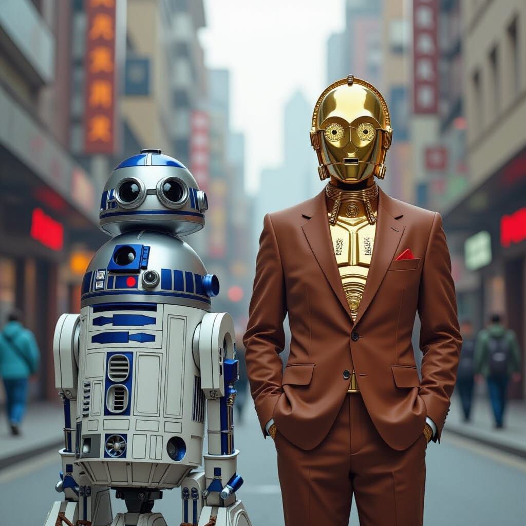 R2D2 and C3PO as Humans in Cyberpunk City