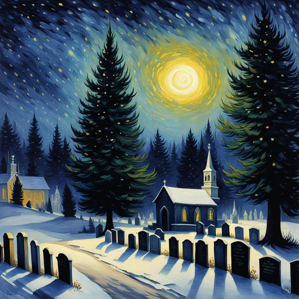 Gothic Graveyard: Winter Twilight Watercolor Painting