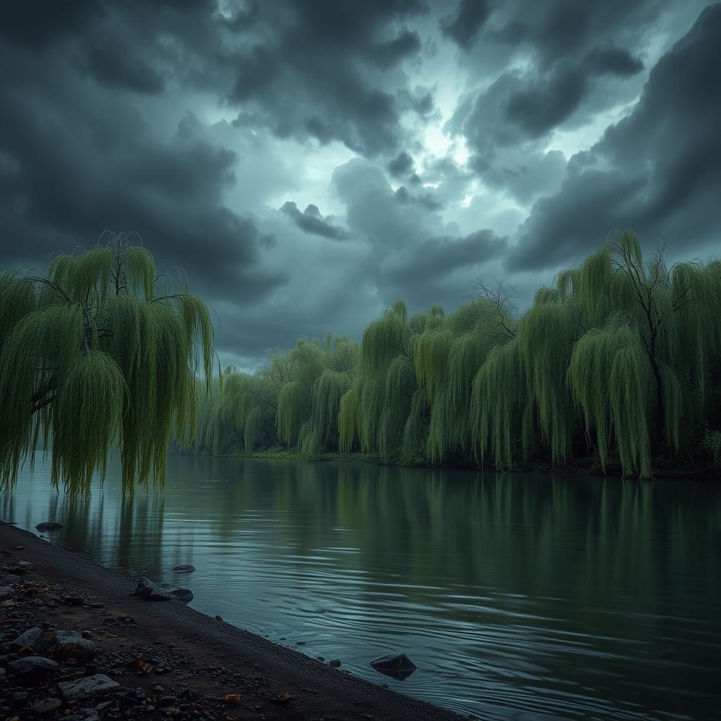 Weeping Willows in a Stormy Landscape